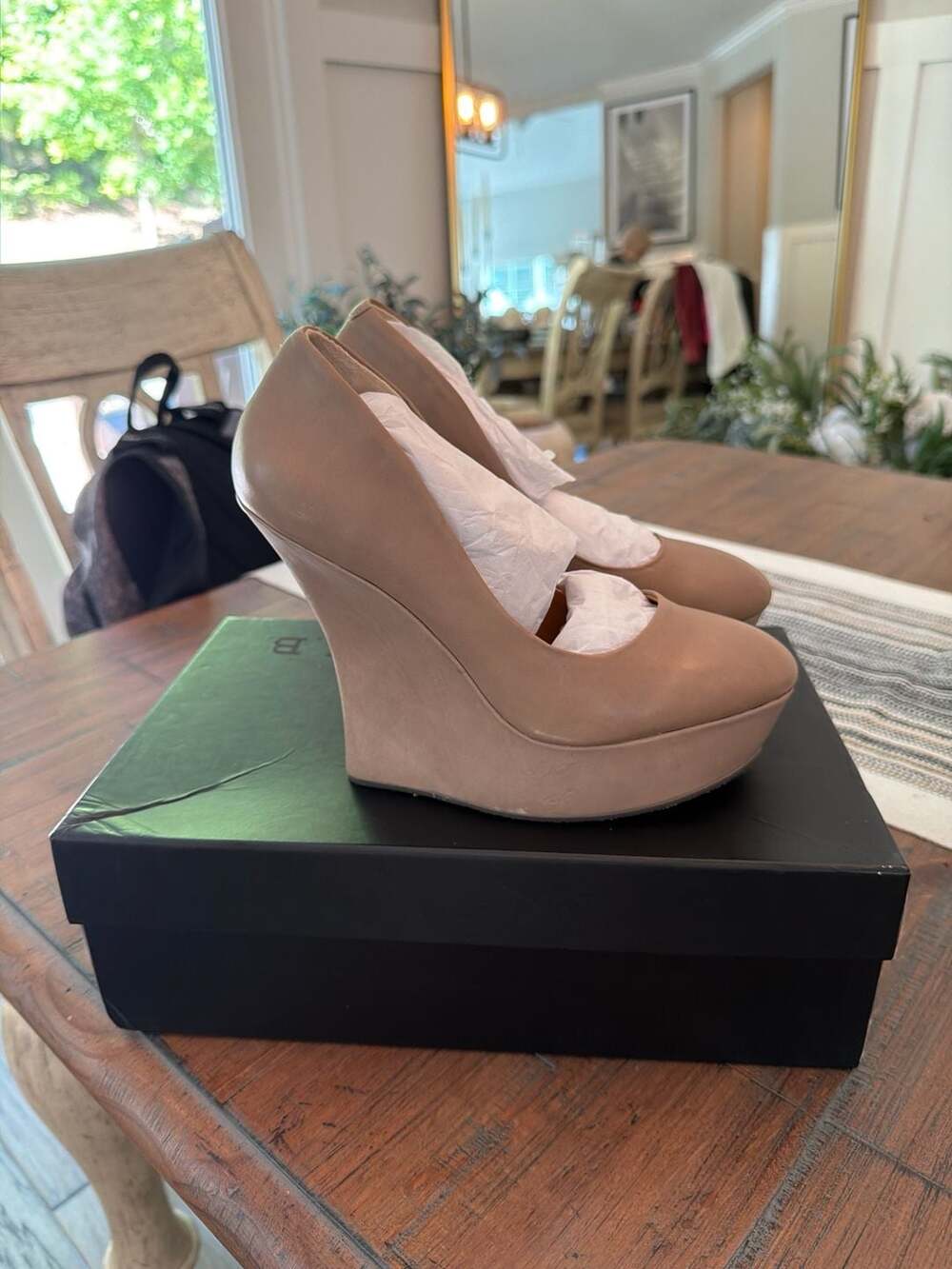 L.A.M.B. Novice Taupe Leather Platform Wedge Pumps Size 7